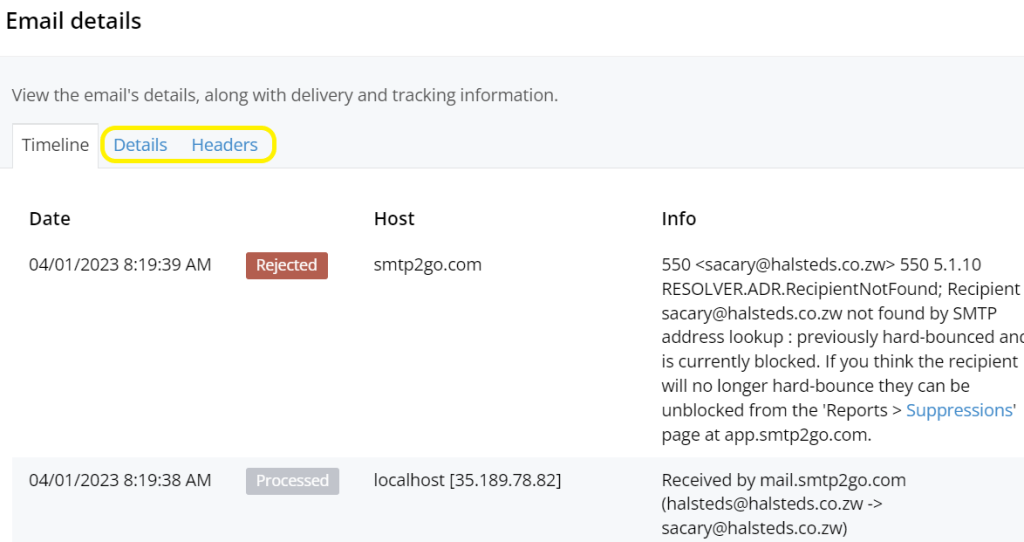 smtp2go console details